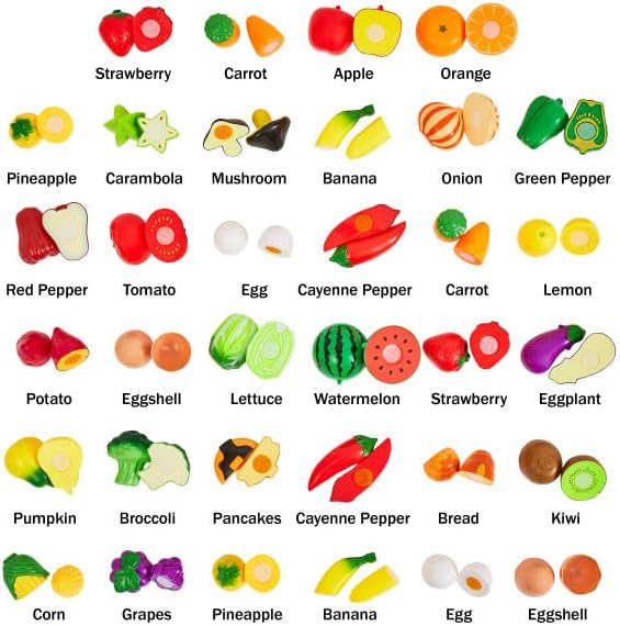 Hey! Play! 46-Piece Play Food Set - Includes 35 Cutting Play Food Toys, Grocery Basket, 3 Cutting Boards, 3 Knives, and 4 Dishes - for Ages 3 and Up, Orange (80-PP170010)