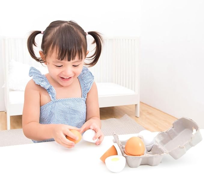 New Classic Toys Wooden Pretend Play Toy for Kids Four Wooden Eggs Cooking Simulation Educational Toys and Color Perception Toy for Preschool Age Toddlers Boys Girls, 4 Pieces - cuttable