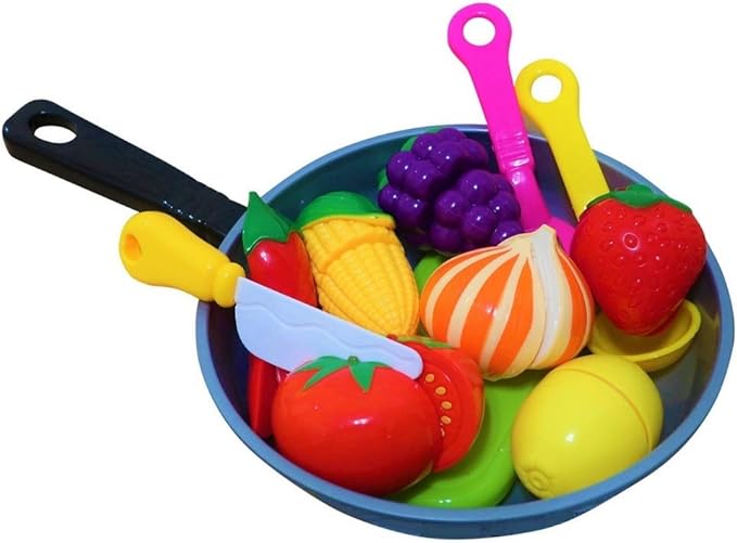 Play Cooking Pan with Cutting Fruits & Vegetables and Play Kitchen Utensils - Slice up Food with Knife & Cutting Board – Cooking Toyset for Toddlers Boys and Girls - Fake Food Pretend Pot Toy Kitchen