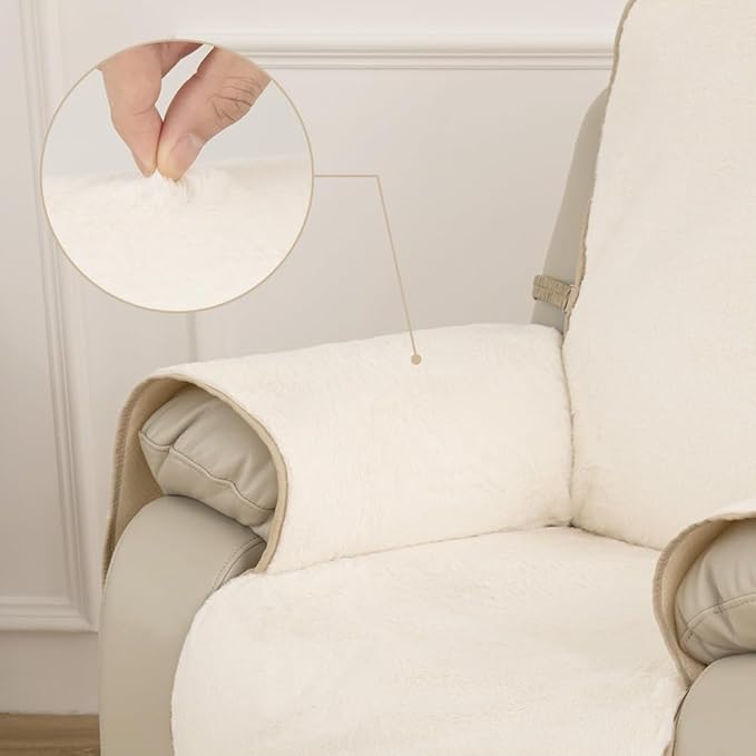 RBSC Home Waterproof Faux Fur Recliner Covers - Ivory Antislip Recliner Chair Slipcover Faux Rabbit Plush Furniture Protector with Elastic Straps for Kids, Dogs, Pets