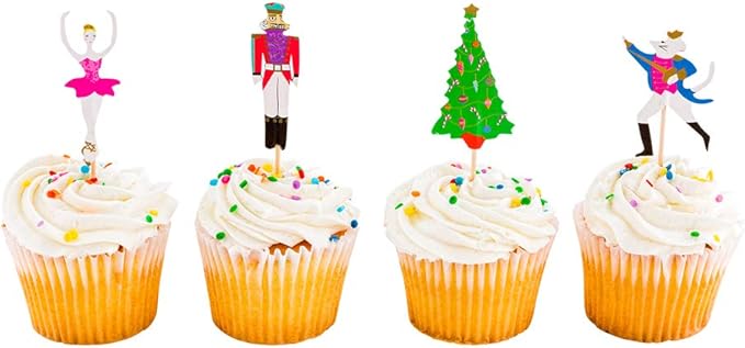 Restaurantware Top Cake Christmas Cupcake Toppers 24 Nutcracker Holiday Cupcake Toppers - Assorted Includes Christmas Tree Ballerina Nutcracker And Rat King Paper Xmas Cupcake Toppers
