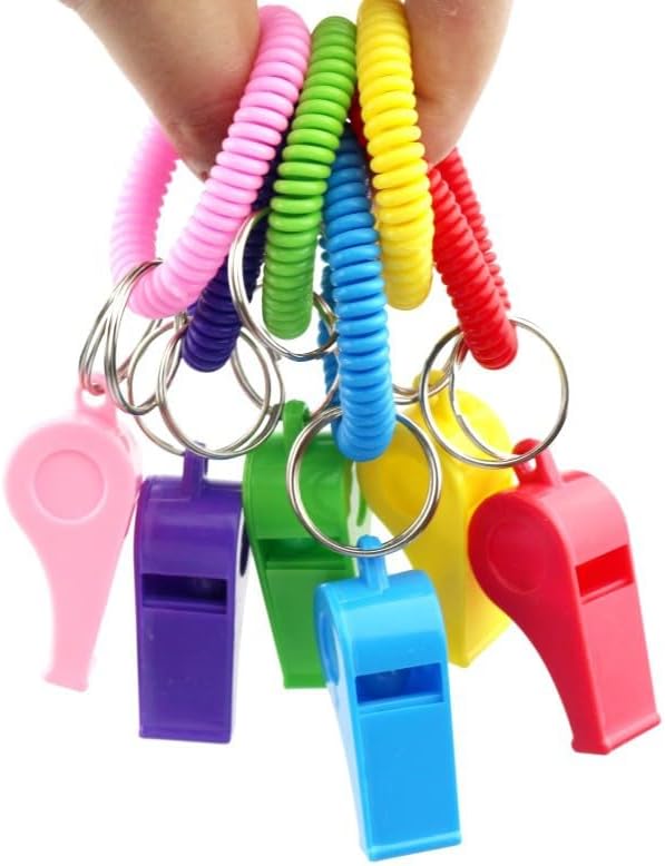 Whistle Bracelets with Keychain, Set of 24, Plastic Whistle Bracelets, Assorted Colors, for Sports Party Favors, School Sports Supplies, Great Party favor, Goody Bag Fillers