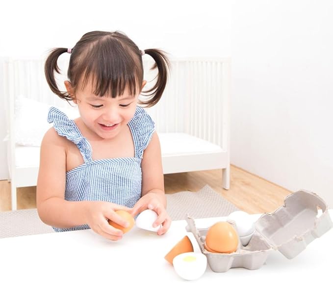 New Classic Toys Wooden Pretend Play Toy for Kids Four Wooden Eggs Cooking Simulation Educational Toys and Color Perception Toy for Preschool Age Toddlers Boys Girls, 4 Pieces - cuttable