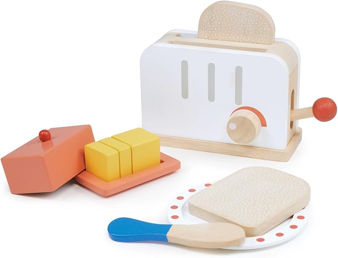 Mentari Toys - Rise and Shine Toaster Set - 10 Pcs Classic Wooden Pop Up Toaster Toy for Pretend Cooking - Develops Social, Creative & Imaginative Skills Learning Role Play - Age 3+