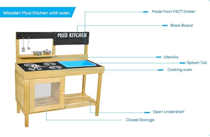 TP Toys, Kids Mud Kitchen | Backyard Kitchen Playset with Pretend Play Kitchen Accessories & Water Pan for Preschool Outdoor Play | for Ages 3-8 | Sustainable Sourcing from FSC Certified Timber.