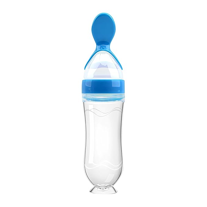 Baby Food Feeder Silicone Baby Food Dispensing Spoon-WAJIAYON, 3 oz Squeeze Feeding Spoons with Suction Cup for Boys Girl Kids Toddlers - Self Feeding Bottle Spoon - Blue