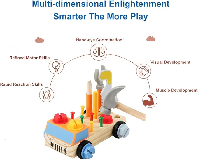 STEM Montessori Wooden Construction Toy Car Set with Real Tools for Kids Ages 3+ | Early Educational Building Kit, Fine Motor Skills Activity Gift for Boys & Girls