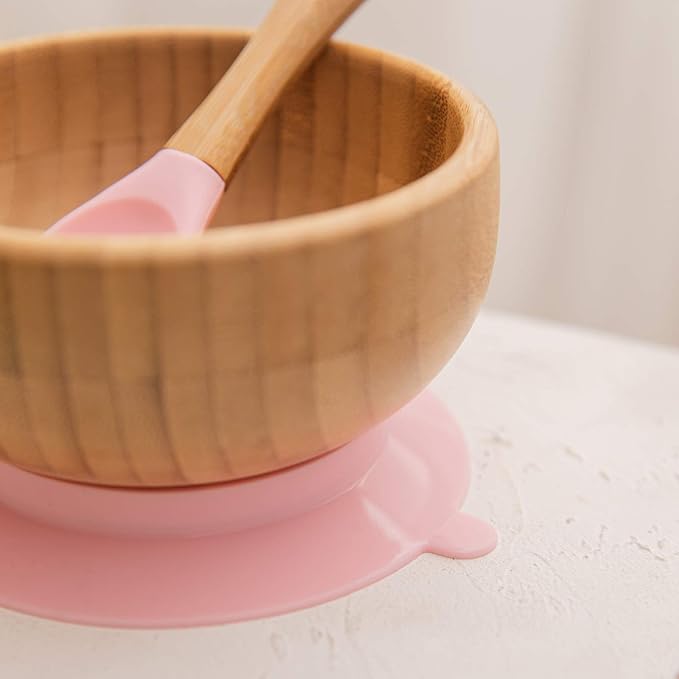 Baby Bowls and Spoons, Baby Bamboo Bowl and Spoon | Silicone Suction | Bamboo Baby Bowls for Baby | Baby Bowls First Stage | Baby Wood Bowls (Cyan-Blue)