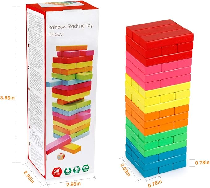 Coogam Wooden Blocks Stacking Game with Storage Bag, Toppling Colorful Tower Building Blocks Balancing Puzzles Montessori Toys Learning Sorting Family Games Educational Toys Gifts for Kids