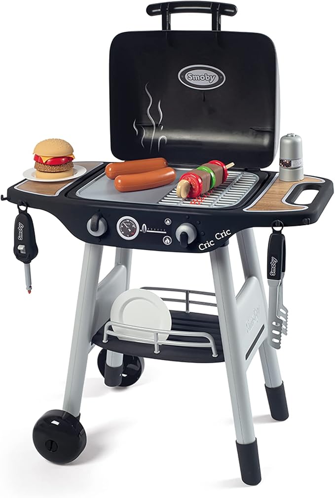 Smoby: BBQ Plancha Grill - Black, 18-Piece Accessory Playset - Realistic Cooking, Turn The Button & See Flames Appear, 19.69x14.57x28.43, Kids Age 3+