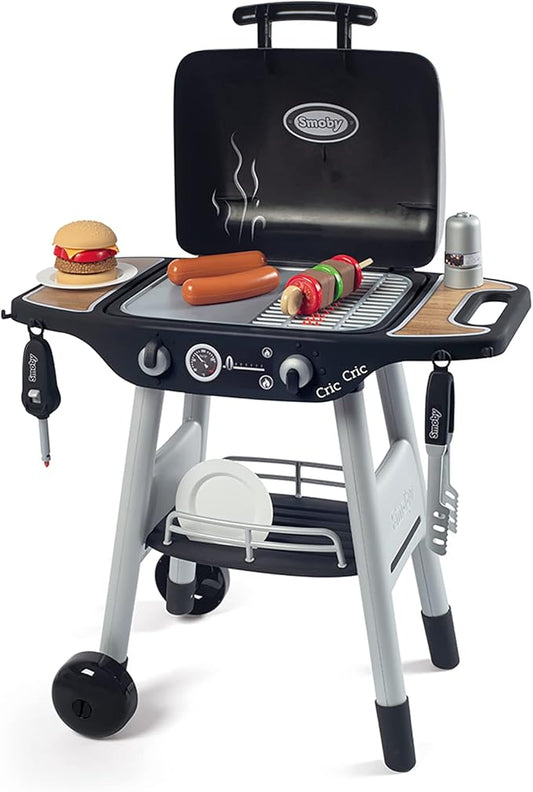Smoby: BBQ Plancha Grill - Black, 18-Piece Accessory Playset - Realistic Cooking, Turn The Button & See Flames Appear, 19.69x14.57x28.43, Kids Age 3+