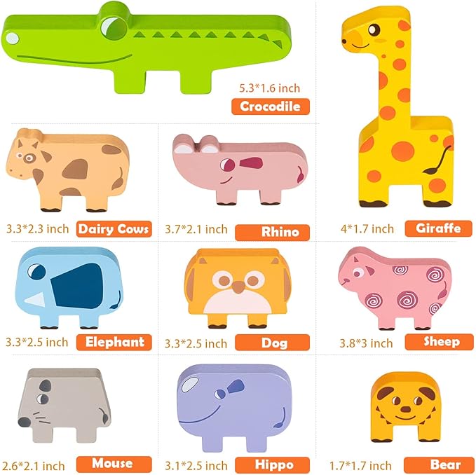 Montessori Toys for 2 3 4 Year Old, 10pcs Wooden Animal Blocks Sorting & Stacking Toys for 2-4 Year Old Toddlers Girl Boy Gifts, Kids Preschool Educational Toys Fine Motor Skills Learning Games