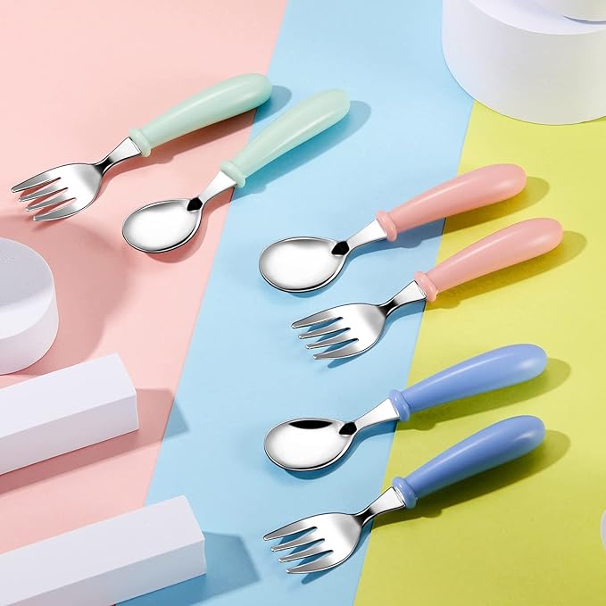 Honeydak 12 Pieces Toddler Utensils Kids Fork and Spoon Silverware Set colored Stainless Steel Safe Flatware Round Handle Utensils Baby Cutlery metal Children Home Restaurant Kitchen Dishwasher Safe