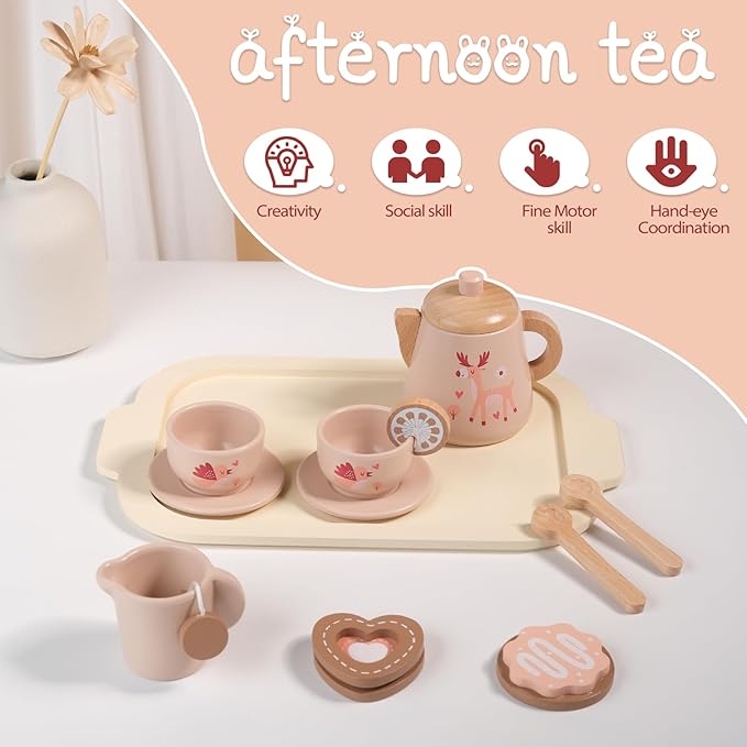Tea Party Set for Toddlers 3-5 12 Pieces Toddler Tea Set for Little Girls Pretend Play Kitchen Accessories with Teapot,Cups,Tray and Cookies Birthday Gifts for 3 4 5 Year Old Girls