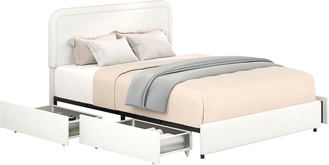 Christopher Knight Home Liv Upholstered Bed with Storage, Queen Size Platform Bed with 2 Drawers, Curved Stitched Tufted Headboard, Wooden Slat Mattress Support, No Box Spring Needed, Ivory Boucle