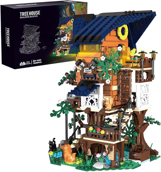 Tree Building House Set with LED,Street View Tree Building Blocks Toy, Gift for Adult,Boys Girls Age 14+,Mini Brick 1020pcs (Not Compatible with Lego)