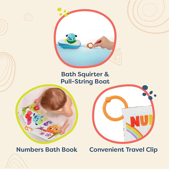 B. toys – Bath Book & Boat – Color Changing Bath Squirter & Pull-String Boat – Colors & Numbers – Convenient Travel Clip – 10 Months + – Tub Time Book + Pull & Go Rider