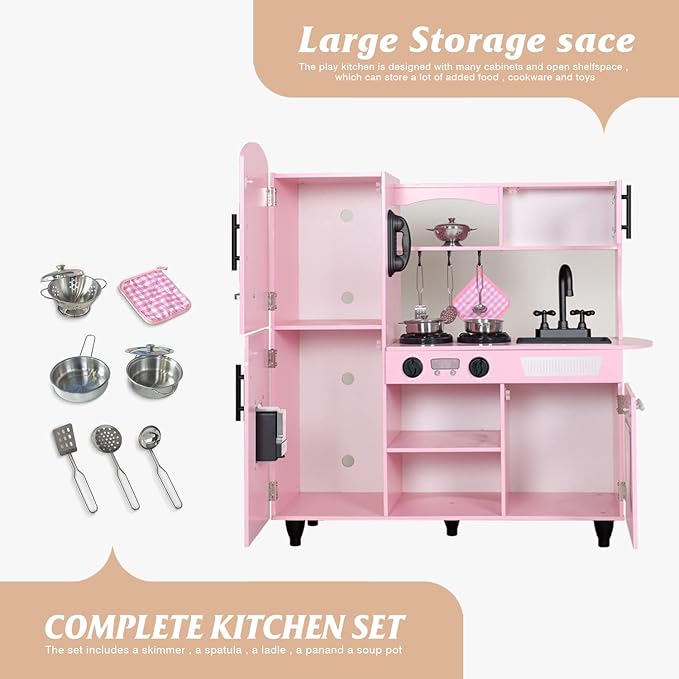 TaoHFE Play Kitchen, Pink Kids Kitchen Set for Girls Kitchen Set for Kids Ages 6-8 Gift Toddler Kitchen Set for Kids Age 3+ Kids Kitchen Playset with Lights & Sounds Wooden Toy Kitchen Playset Gift