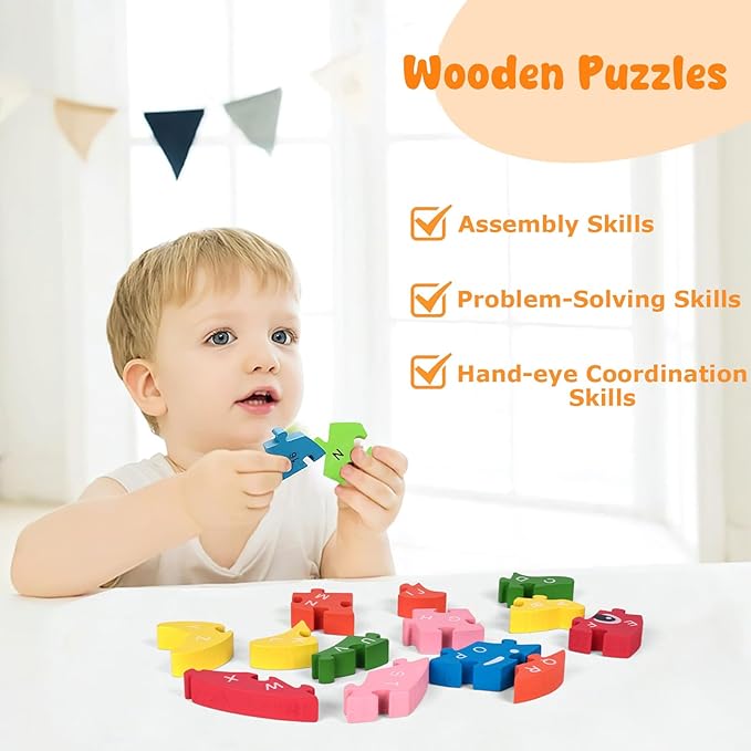 LovesTown Dolphin Wooden Puzzle, 26PCS Jigsaw Puzzle Alphabet and Number Blocks Wooden Building Blocks for Kid Toddlers Preschool