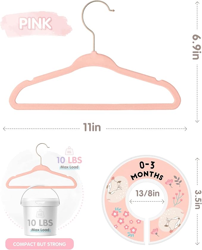 Baby Hangers, VIS'V 11 Inch Pink Velvet Kids Hangers with 6 Pcs Size Dividers Non Slip Nursery Children Closet Clothes Hangers for Infant Toddler Girls and Boys 50 Pcs