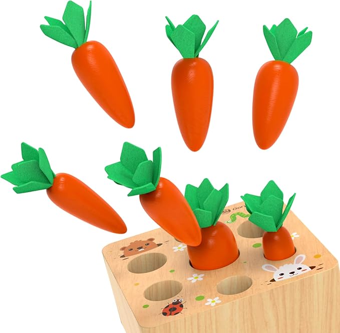 KMTJT Montessori Toys for Babies 6-12 Months, Carrot Harvest Game Wooden Toy for 1 2 3 Year Old Baby Boys and Girls, Educational Learning Shape Sorting Matching Gifts