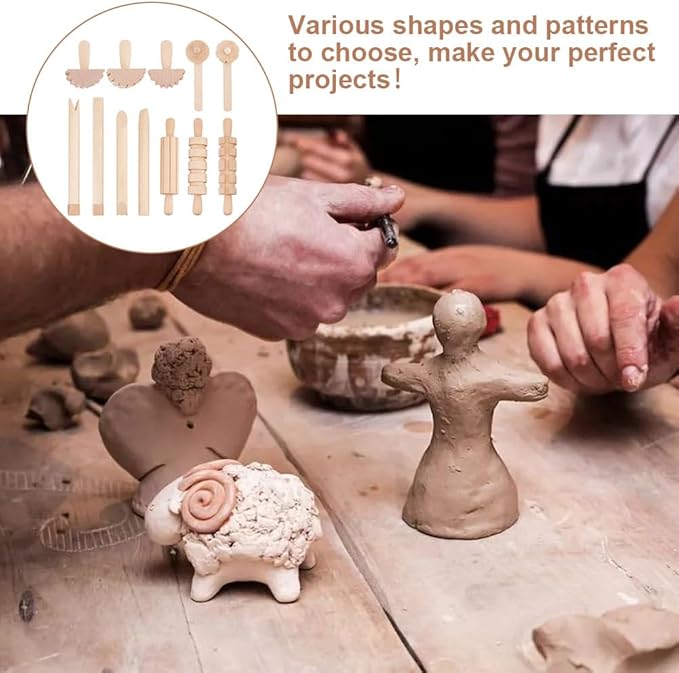 OLYCRAFT 12pcs Clay and Dough Tools Play Accessories Includes Rollers Hammer Party Pack Wood Pottery Tools Stamps for Clay Art DIY Crafts Art Craft Activity Supplies