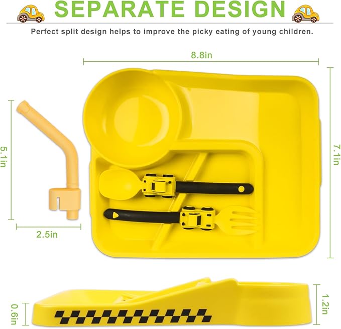 Construction Toddler Plates - Toddler Eating Utensil Set with Removable Straw - Toddler Utensils Set - Baby Plates Feeding Set - for Stocking Stuffers and Birthday Gifts - Yellow