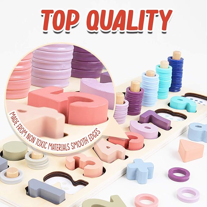 CozyBomB Montessori Educational Wooden Shape & Number Puzzle Blocks - Preschool Learning Toys for Boy & Girl (Macaron)