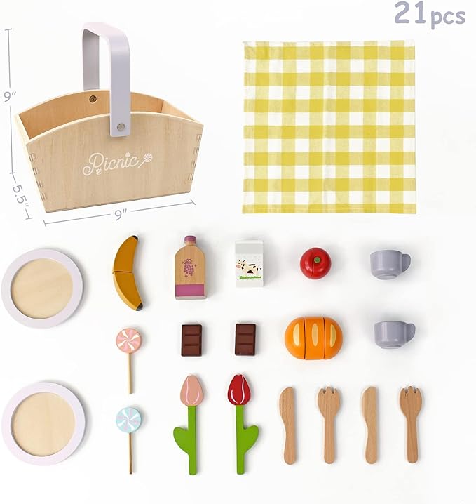 Play Food Sets for Kids Kitchen, Wooden Picnic Basket Playset Toy,Pretend Play Kitchen Food Toy with Cutting Fruits for Toddlers Girls Boys Ages 3+