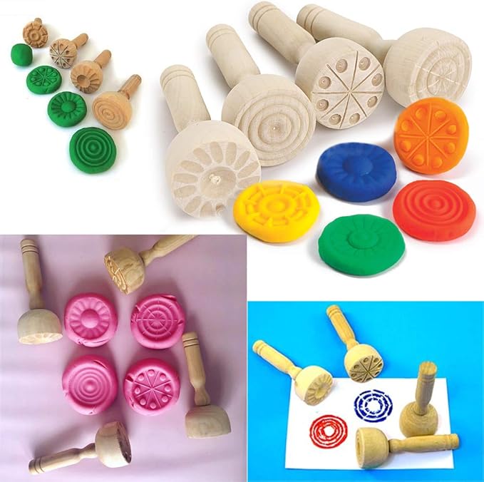 OwnMy Wooden Clay Stamp Set, Wood Playdough Handle Stamps, Wooden Handle Pottery Tools, Set of 4 Clay Modeling Pattern Kit