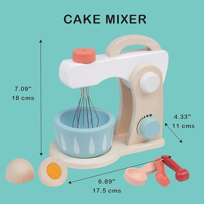 Mentari Toys - Cake Mixer - 7pc Wooden Baking Play Set - Pretend Play Kitchen Accessory with Bowl, Rotating Whisk, Egg and Measuring Spoons - Encourages Role Play and Fine Motor Skills - Age 3+
