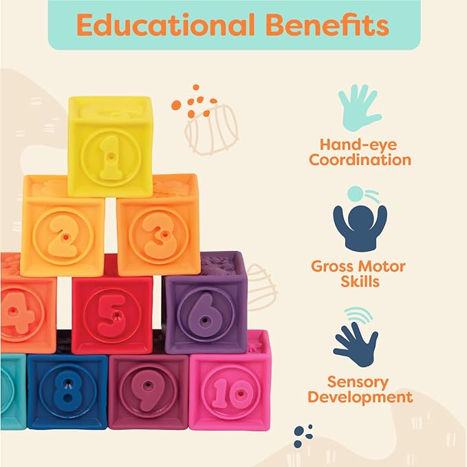 B. toys – Baby Blocks – Stacking & Building Toys For Babies – 10 Soft & Educational Blocks- Numbers, Shapes, Colors, Animals- One Two Squeeze- 6 Months +