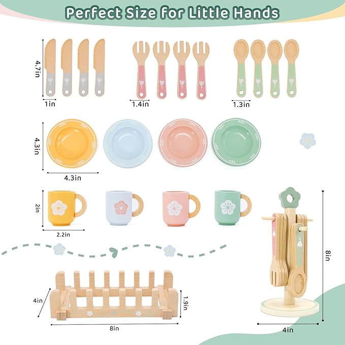 Wooden Play Kitchen Accessories Toys for Toddlers 3+, 22 PCS Kids Play Kitchen with Cute Cutlery Rack&Dish Rack,Play Dishes for Kids Kitchen,Montessori Pretend Birthday Gifts for Girls Boys
