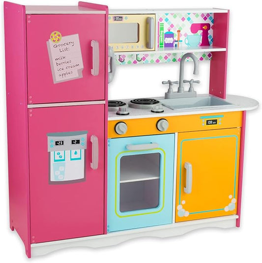Kitchen Playset for Kids Ages 3-8, Wooden Pretend Play Kitchen, Including Telephone, Ice Maker, Refrigerator, Dimensions: 35” H x 31” W x 12” D (Colorful)