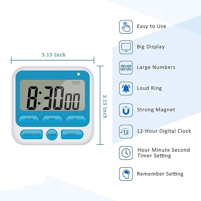 Upgraded Digital Kitchen Timer, ON/Off Switch, 12/24 Hour Clock and Silent Timers, Count Up & Count Down for Kids Teachers Cooking Games Office, Large LCD Display, Loud Alarm and Strong Magnet (Blue)