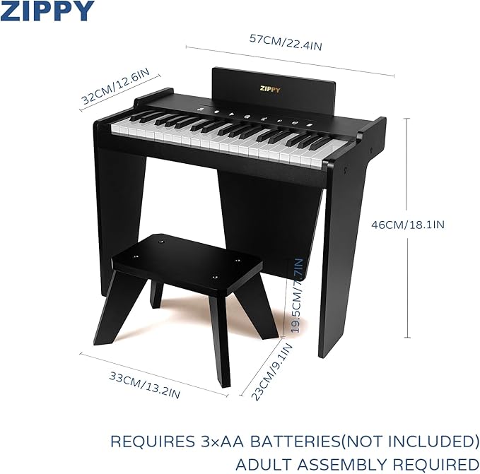 ZIPPY Kids Piano Keyboard, 37 Keys Digital Piano for Kids, Touch Sensitive Control Panel, Built-in Songs, Volume Adjustable, Music Educational Instrument, Wood Piano for 3+ Girls and Boys, Black Plus