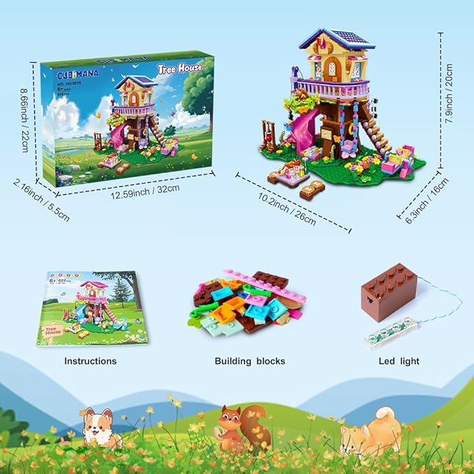 Treehouse Building Sets with LED Light - Tree House Building Block Toy, Friendship Up House Building Set with Slide & Stickers, Xmas Gift for Kids Girls Boys Age 6 7 8 9 10 11+(618PCS