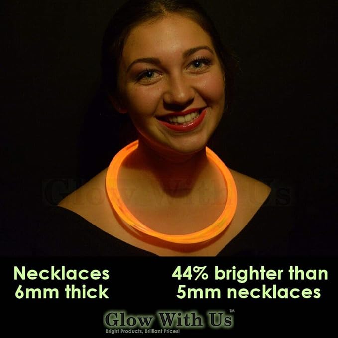 Glow Sticks Bulk Wholesale Necklaces, 1200 22” Orange Glow Stick Necklaces, Bright Color, Glow 8-12 Hrs, Connector Pre-Attached, Sturdy Packaging, GlowWithUs Brand