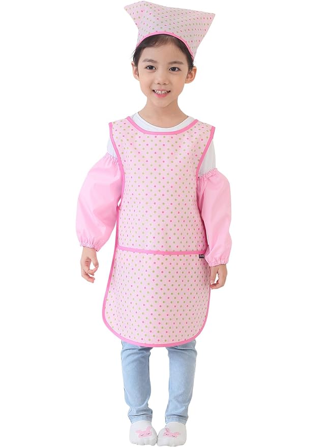 Children Waterproof Artist Painting Aprons or Art Smock 3PCS Set Pink Green Dot (29-S)