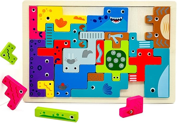 Wooden Blocks Puzzle Russian Blocks for Kids Age 3 4 5 Years Old, Children's Puzzle Game Board Learning Education Montessori Toddler Puzzle Wooden Toys for Kids Birthday Party Gift (Ocean)