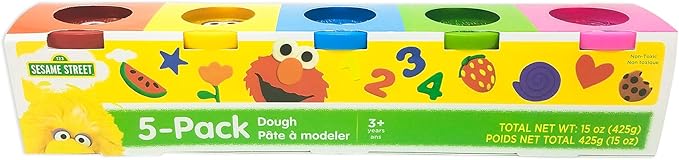 Sesame Street Modeling Dough, 5-Pack, 3oz Cans, Assorted Colors, Elmo, Cookie Monster, Big Bird, Oscar the Grouch, Abby Cadabby, Non-Toxic, Ages 3 and Up