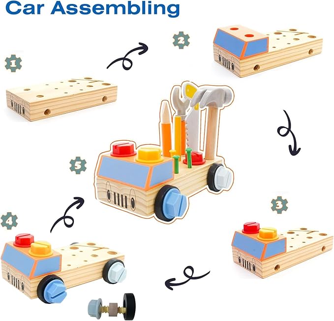 STEM Montessori Wooden Construction Toy Car Set with Real Tools for Kids Ages 3+ | Early Educational Building Kit, Fine Motor Skills Activity Gift for Boys & Girls
