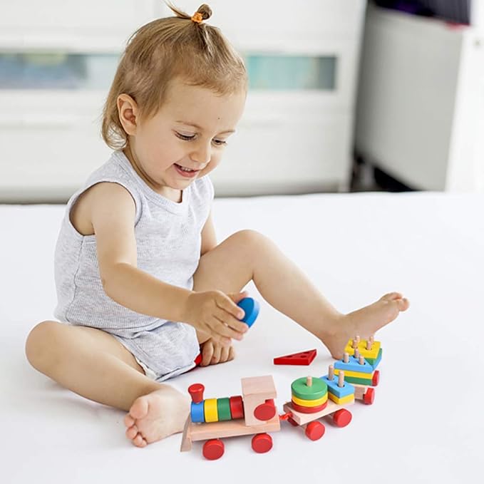 FUN LITTLE TOYS Stacking Train, Shape Sorter Wooden Toys(23 pcs), Sorting & Stacking Toys for Toddler 3, Montessori Toys for 3 Year Old Boy Girl Gifts, Kids Wooden Train Toy