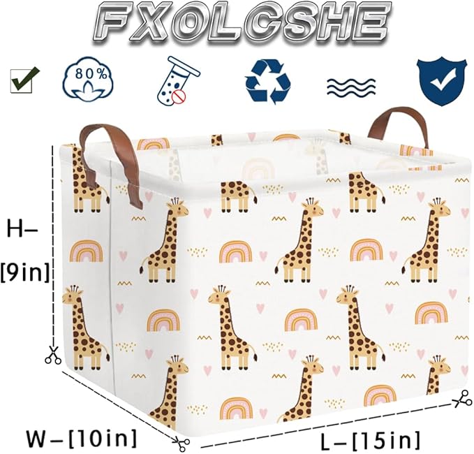 FXOLCSHE Rectangular Giraffe Basket,Waterproof foldable nursery laundry basket,Baby Storage Basket,Kids Toys Bin,Baby Gift Baskets for Bedroom(Giraffes)