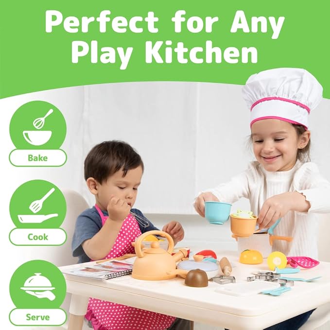 Kids Cooking and Baking Chef Set with Sliceable Play Food - Pretend Play Toddler Kitchen Toys - Kid Chef Apron, Fruit, Veggies, Hat & Utensils Kids Toy (Chef Set with Play Food)