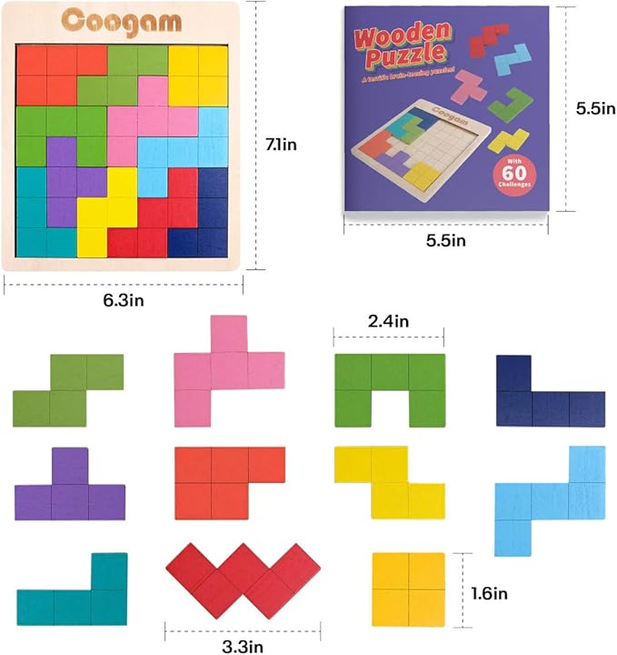 Coogam Wooden Puzzle Pattern Blocks Brain Teasers Game with 60 Challenges, 3D Russian Building Toy Wood Tangram Shape Jigsaw Puzzles Montessori STEM Educational Toys Gift for Kids Adults