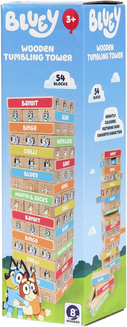 Bluey Tumbling Tower – 54 Colorful Wooden Blocks – Fun Family Game – FSC Certified for Children 3 Years and Up