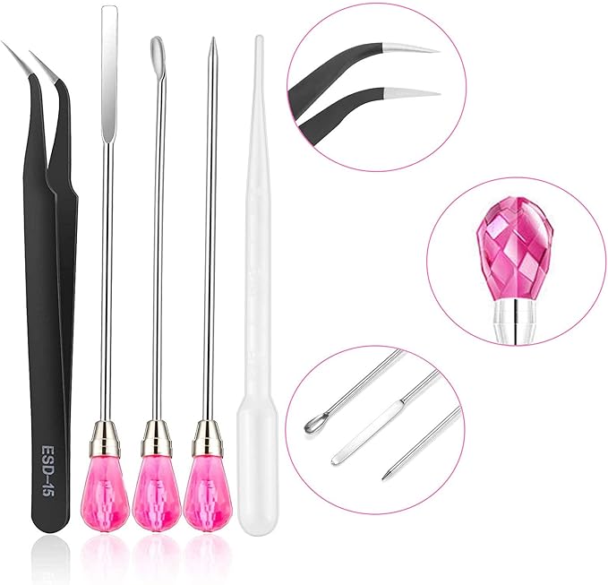 11 Pcs Silicone Resin Mold Tools Set, Tweezers Jewelry Making Kit, Stirring Needle Spoon Tool, Anti-Static Stainless Steel ESD Tweezers Precision Set for DIY Epoxy Resin Casting Craft