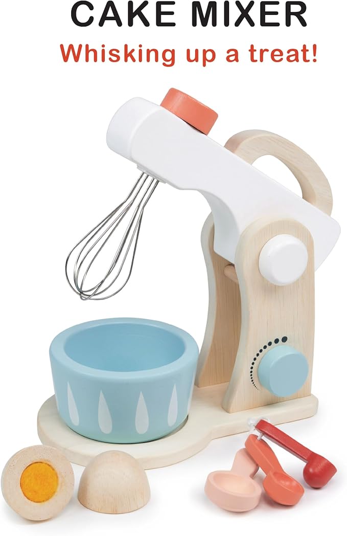 Mentari Toys - Cake Mixer - 7pc Wooden Baking Play Set - Pretend Play Kitchen Accessory with Bowl, Rotating Whisk, Egg and Measuring Spoons - Encourages Role Play and Fine Motor Skills - Age 3+