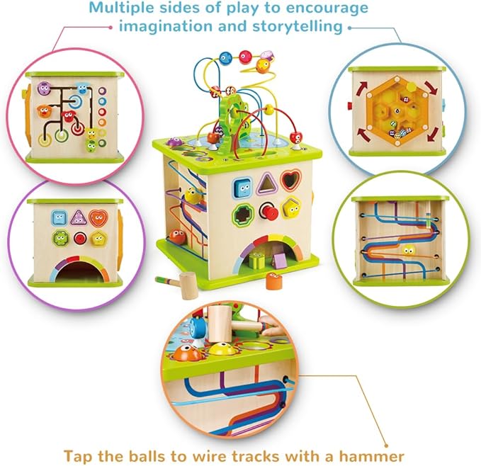 Hape Country Critters Play Cube| Wooden Learning Puzzle Toy for Toddlers, 5-Sided Activity Centre with Animal Friends, Shapes, Mazes, Wooden Balls, Shape Sorter Blocks and More